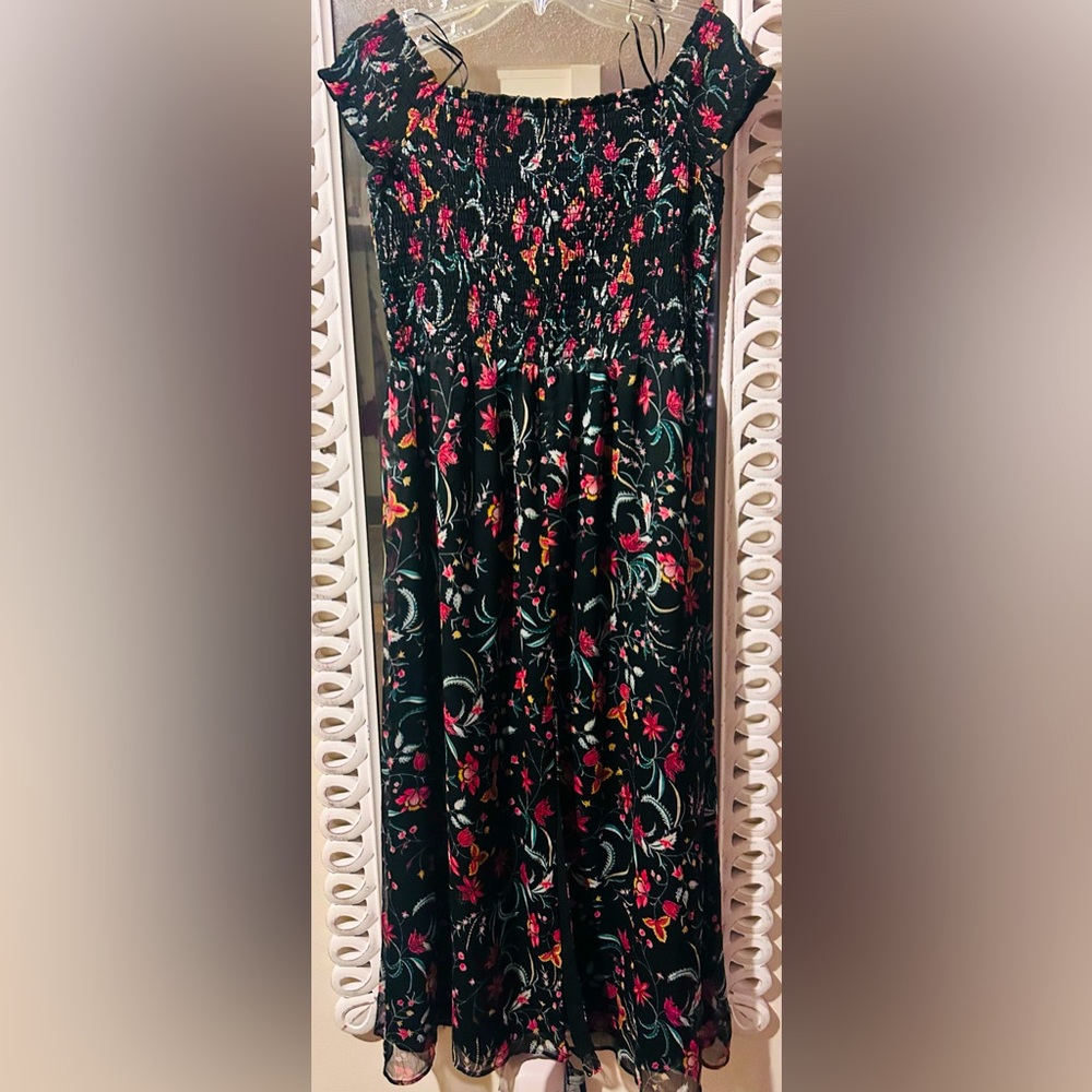 CeCe Smocked Off-Shoulder Black & Floral Printed Dual Layered Maxi Dress